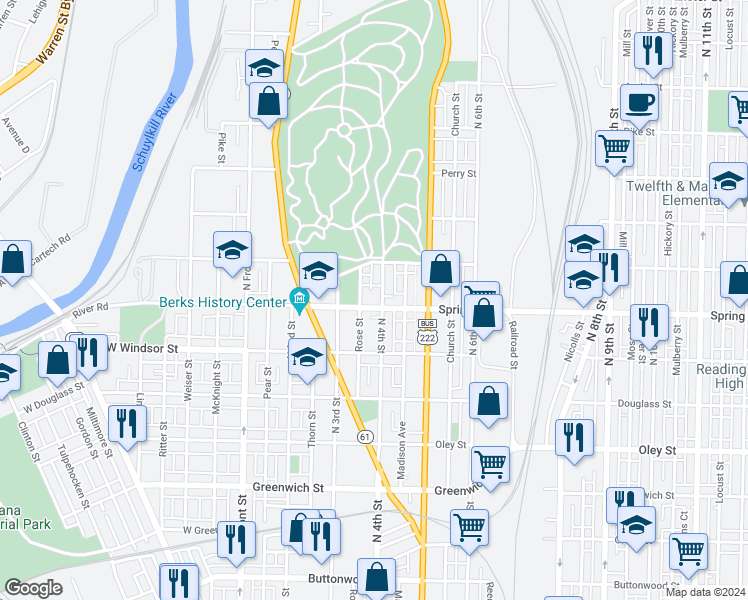 map of restaurants, bars, coffee shops, grocery stores, and more near 347 Spring Street in Reading