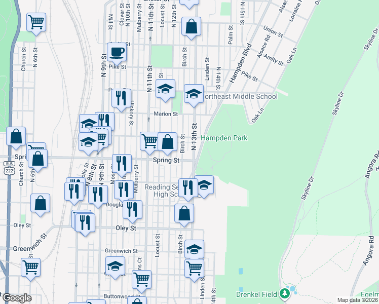 map of restaurants, bars, coffee shops, grocery stores, and more near 928 North 13th Street in Reading