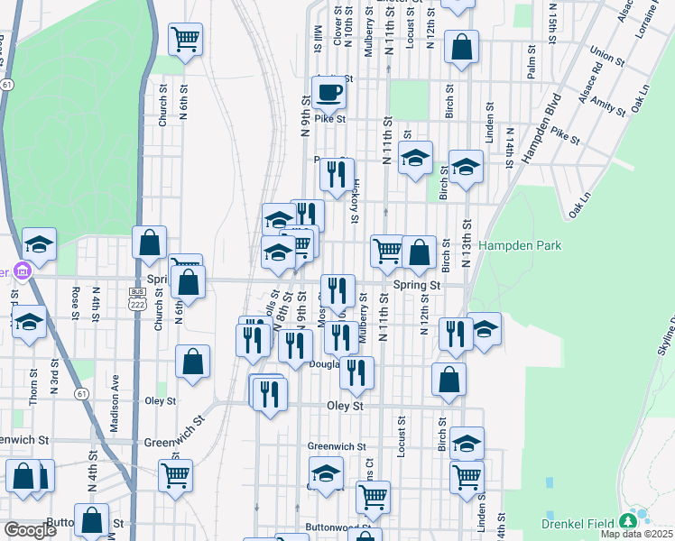 map of restaurants, bars, coffee shops, grocery stores, and more near 950 North 10th Street in Reading