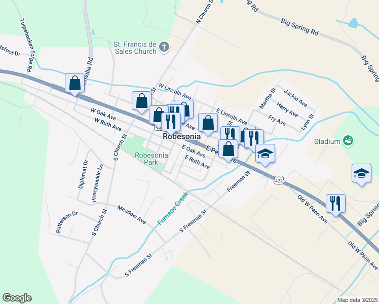 map of restaurants, bars, coffee shops, grocery stores, and more near 106 East Ruth Avenue in Robesonia