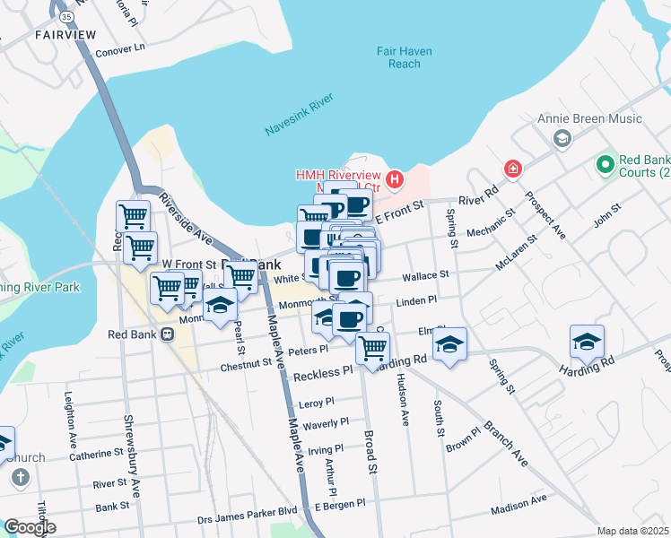 map of restaurants, bars, coffee shops, grocery stores, and more near 18 White Street in Red Bank