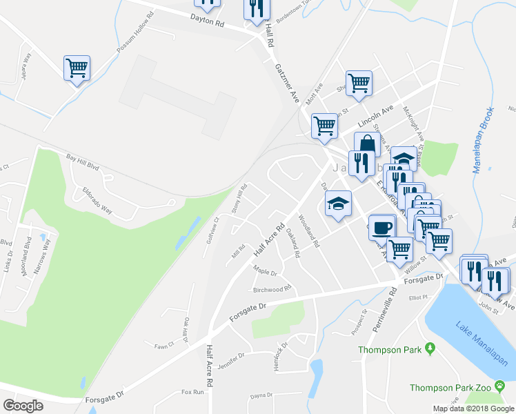 map of restaurants, bars, coffee shops, grocery stores, and more near 4 Sand Hill Road in Jamesburg
