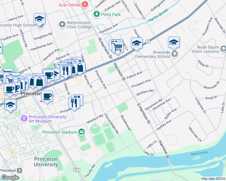 map of restaurants, bars, coffee shops, grocery stores, and more near 101 Broadmead Street in Princeton