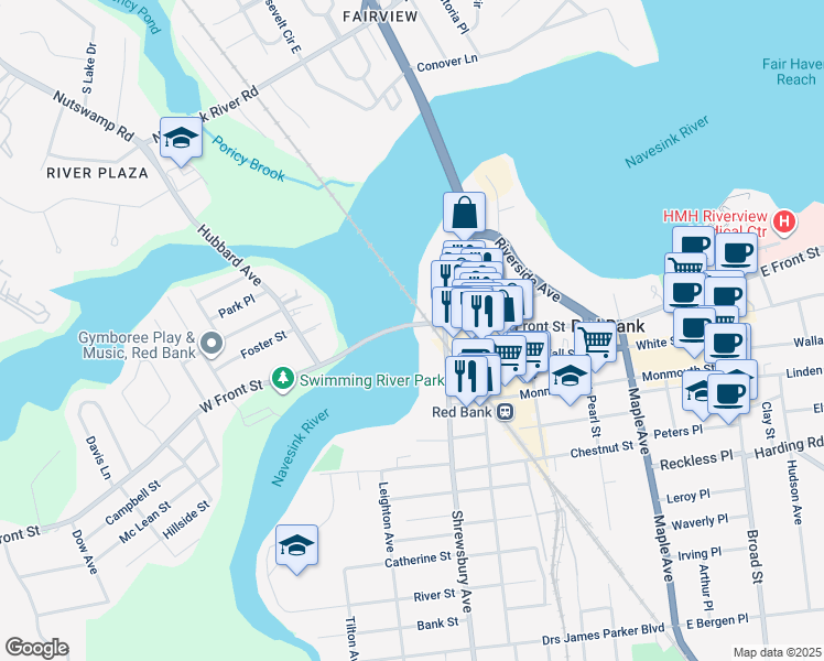 map of restaurants, bars, coffee shops, grocery stores, and more near 261 West Front Street in Red Bank