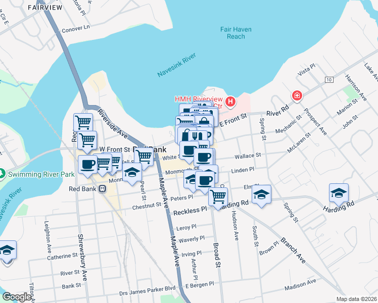 map of restaurants, bars, coffee shops, grocery stores, and more near 60 English Plaza in Red Bank