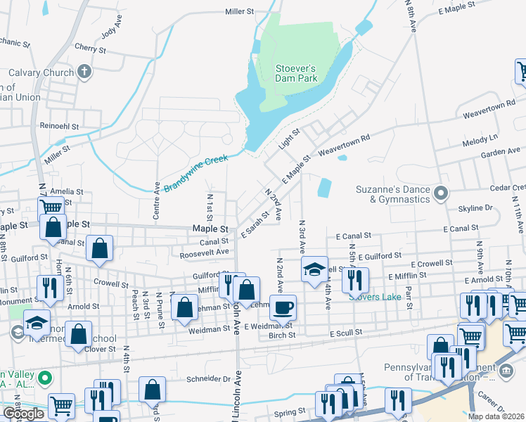 map of restaurants, bars, coffee shops, grocery stores, and more near 137 East Maple Street in Lebanon