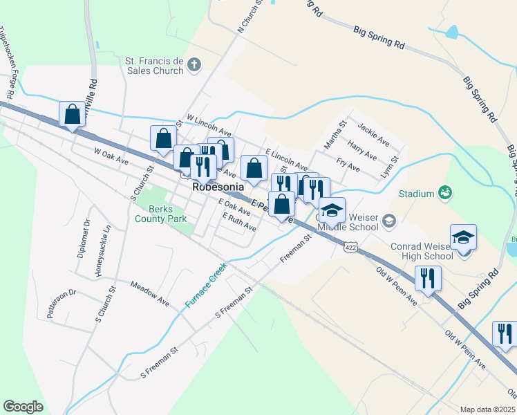 map of restaurants, bars, coffee shops, grocery stores, and more near 150 East Penn Avenue in Robesonia