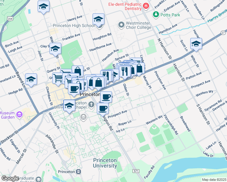map of restaurants, bars, coffee shops, grocery stores, and more near 213 Nassau Street in Princeton
