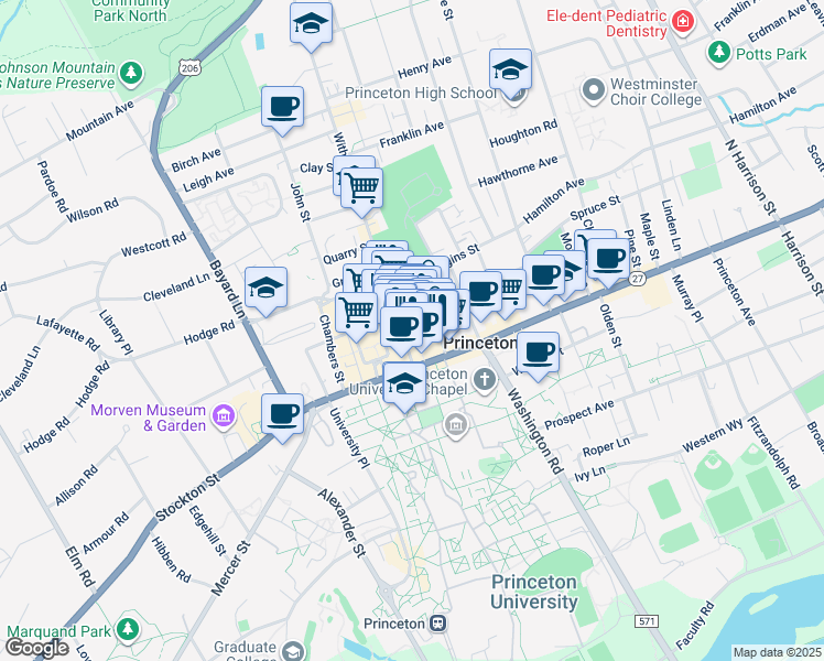 map of restaurants, bars, coffee shops, grocery stores, and more near 28 Spring Street in Princeton