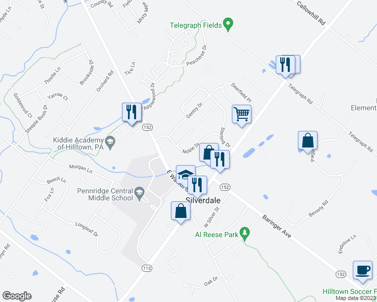 map of restaurants, bars, coffee shops, grocery stores, and more near 122 Noble Drive in Perkasie