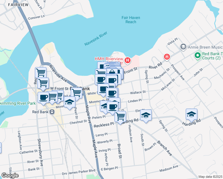 map of restaurants, bars, coffee shops, grocery stores, and more near 16 Broad Street in Red Bank