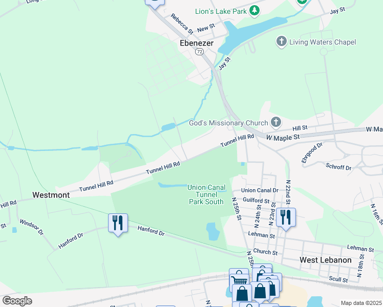 map of restaurants, bars, coffee shops, grocery stores, and more near 2701 Tunnel Hill Road in Lebanon