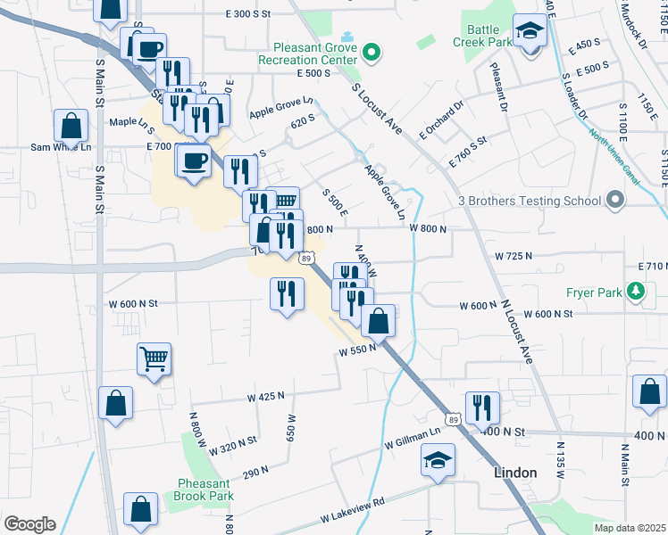 map of restaurants, bars, coffee shops, grocery stores, and more near 484 East 1000 South in Pleasant Grove