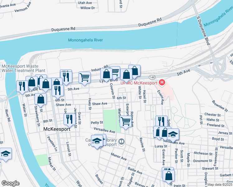 map of restaurants, bars, coffee shops, grocery stores, and more near 912 5th Avenue in McKeesport