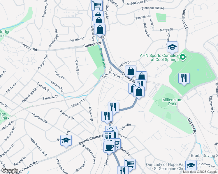 map of restaurants, bars, coffee shops, grocery stores, and more near 4458 Third Street in Bethel Park