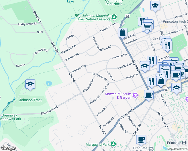map of restaurants, bars, coffee shops, grocery stores, and more near 60 Lafayette Road in Princeton