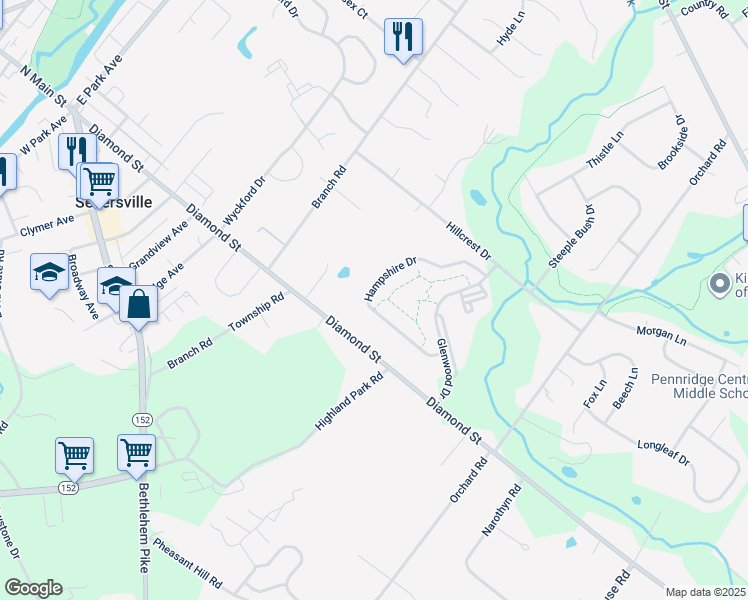 map of restaurants, bars, coffee shops, grocery stores, and more near 201 Hampshire Drive in Sellersville