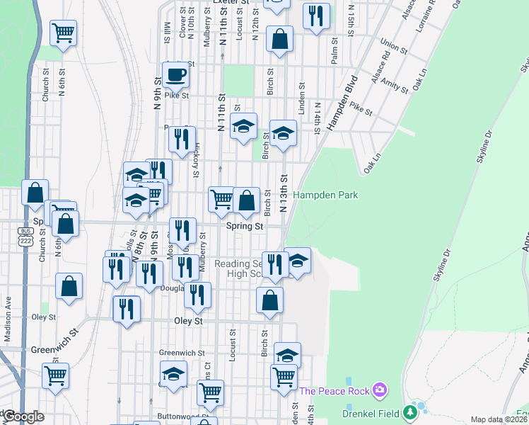 map of restaurants, bars, coffee shops, grocery stores, and more near 1055 North 12th Street in Reading
