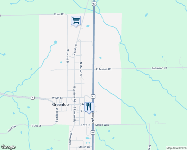 map of restaurants, bars, coffee shops, grocery stores, and more near 309 1st Street in Greentop