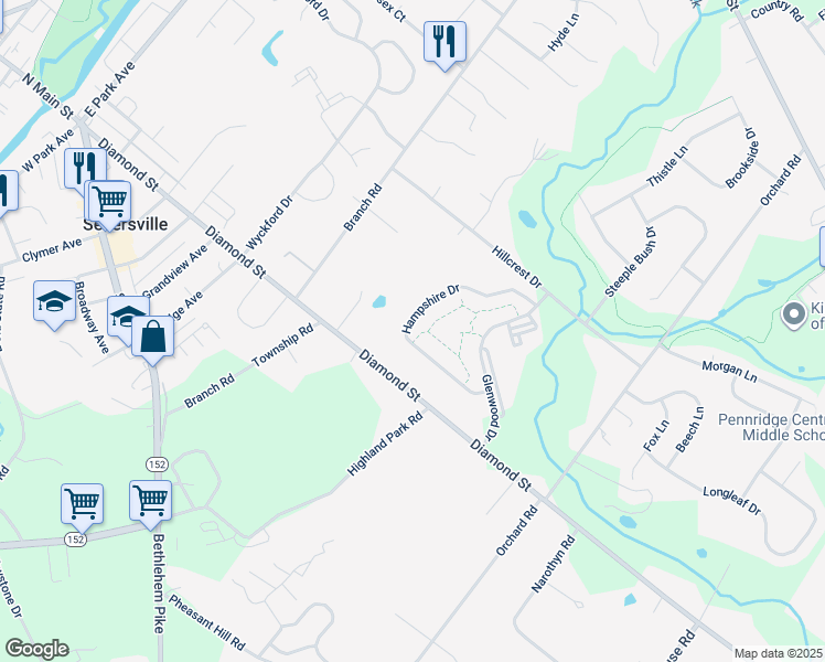 map of restaurants, bars, coffee shops, grocery stores, and more near 201 Hampshire Drive in Sellersville