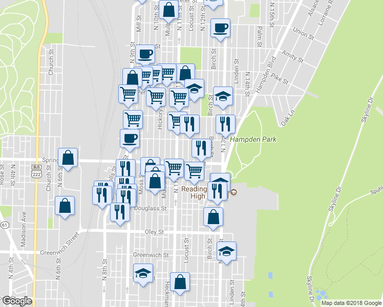 map of restaurants, bars, coffee shops, grocery stores, and more near 1017 Locust Street in Reading