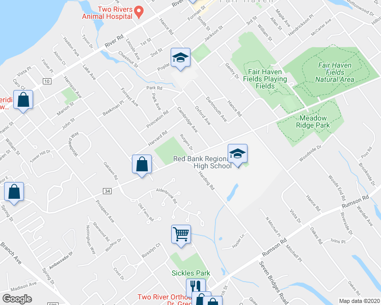 map of restaurants, bars, coffee shops, grocery stores, and more near 64 Ridge Road in Fair Haven