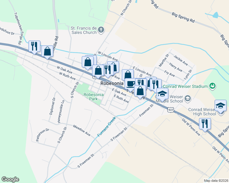 map of restaurants, bars, coffee shops, grocery stores, and more near in Robesonia