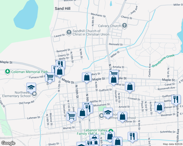 map of restaurants, bars, coffee shops, grocery stores, and more near 809 North 8th Street in Lebanon
