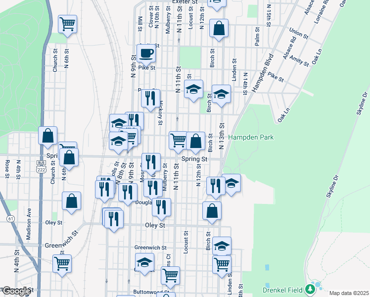 map of restaurants, bars, coffee shops, grocery stores, and more near 1022 Locust St in Reading