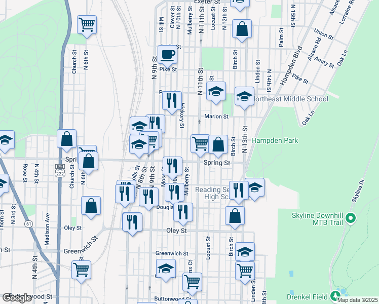 map of restaurants, bars, coffee shops, grocery stores, and more near 1027 Mulberry Street in Reading