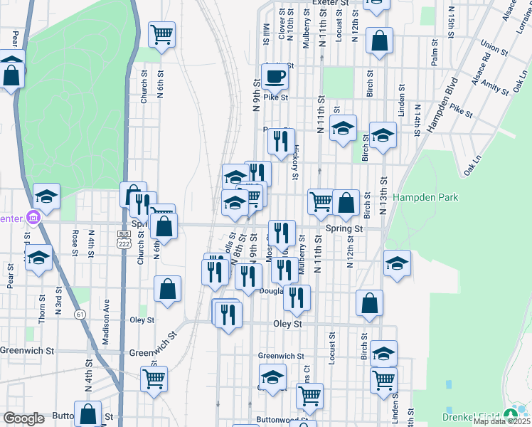 map of restaurants, bars, coffee shops, grocery stores, and more near 1049 North 9th Street in Reading
