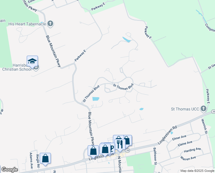 map of restaurants, bars, coffee shops, grocery stores, and more near 5950 Omar Court in Harrisburg