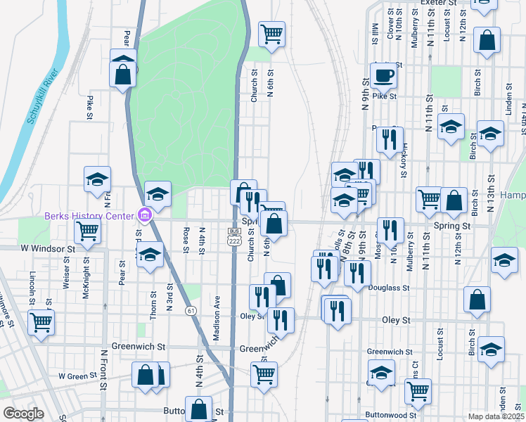 map of restaurants, bars, coffee shops, grocery stores, and more near 1020 North 6th Street in Reading