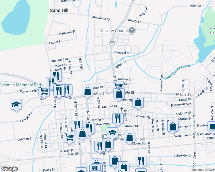 map of restaurants, bars, coffee shops, grocery stores, and more near 743 Hill Street in Lebanon