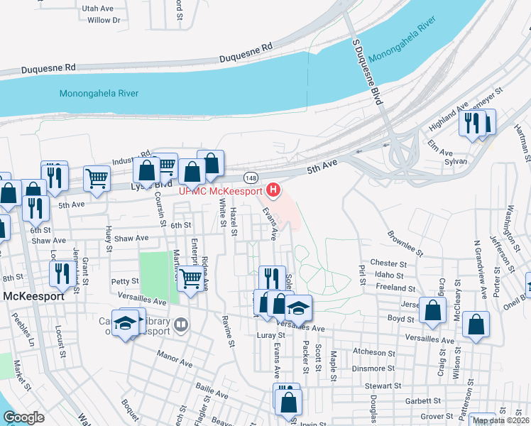 map of restaurants, bars, coffee shops, grocery stores, and more near 1500 5th Avenue in McKeesport