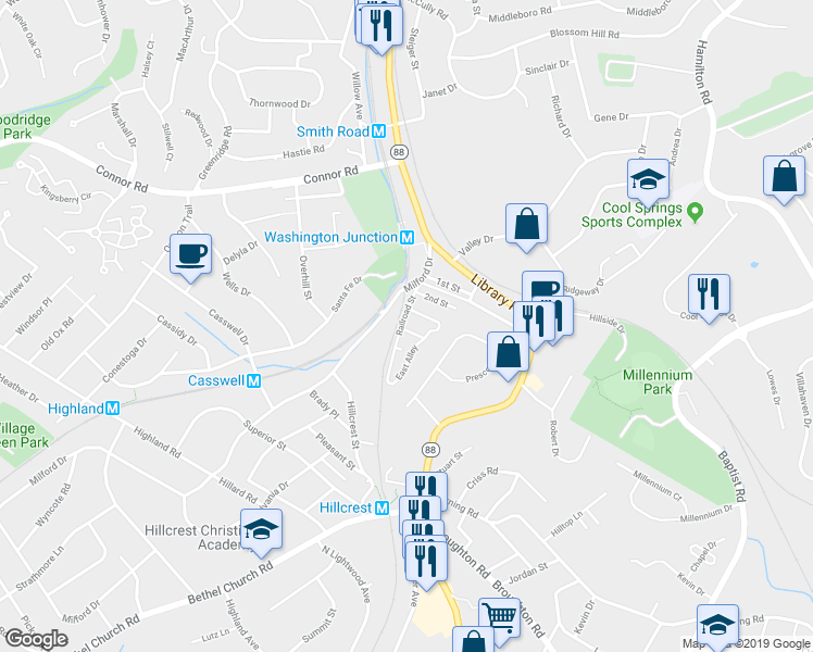 map of restaurants, bars, coffee shops, grocery stores, and more near 4458 Third Street in Bethel Park