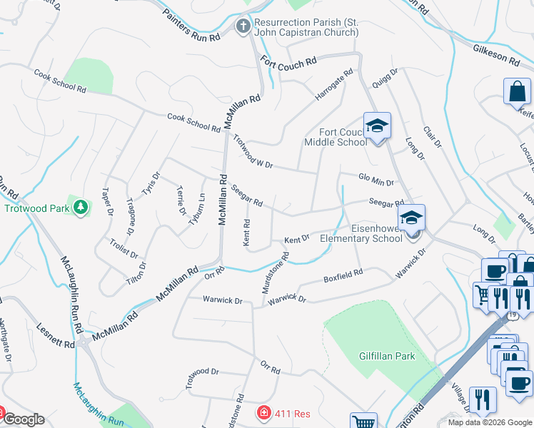 map of restaurants, bars, coffee shops, grocery stores, and more near 217 Seegar Road in Pittsburgh