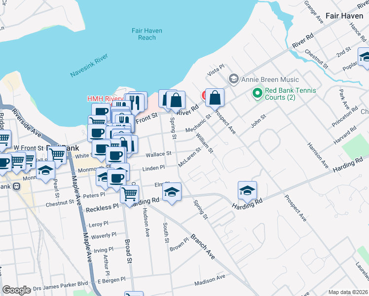 map of restaurants, bars, coffee shops, grocery stores, and more near 23 Oldfield Place in Red Bank