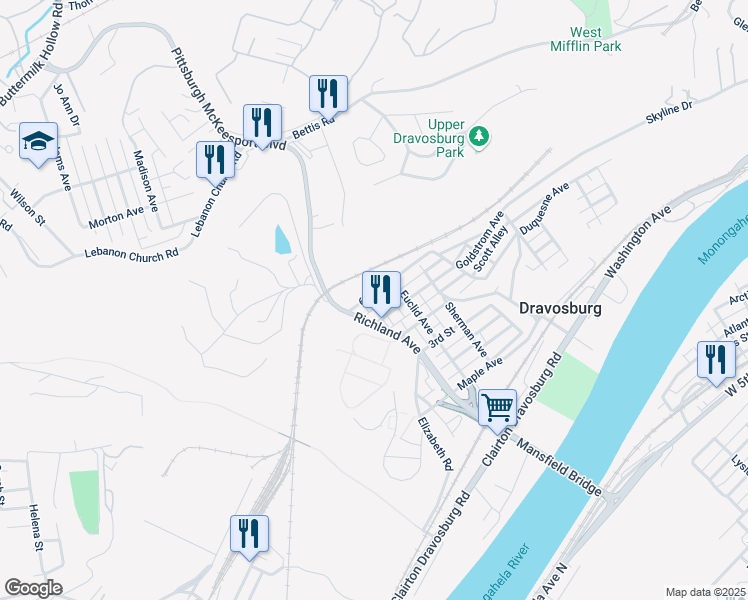 map of restaurants, bars, coffee shops, grocery stores, and more near 214 6th Street in Dravosburg