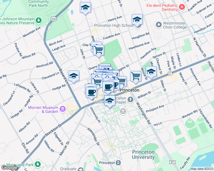 map of restaurants, bars, coffee shops, grocery stores, and more near 66 Witherspoon Street in Princeton