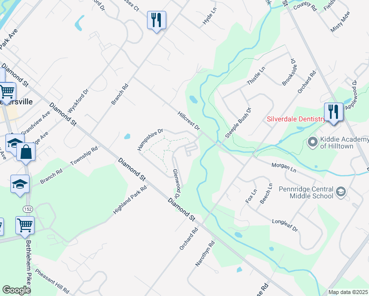 map of restaurants, bars, coffee shops, grocery stores, and more near 125 Hampshire Drive in Sellersville