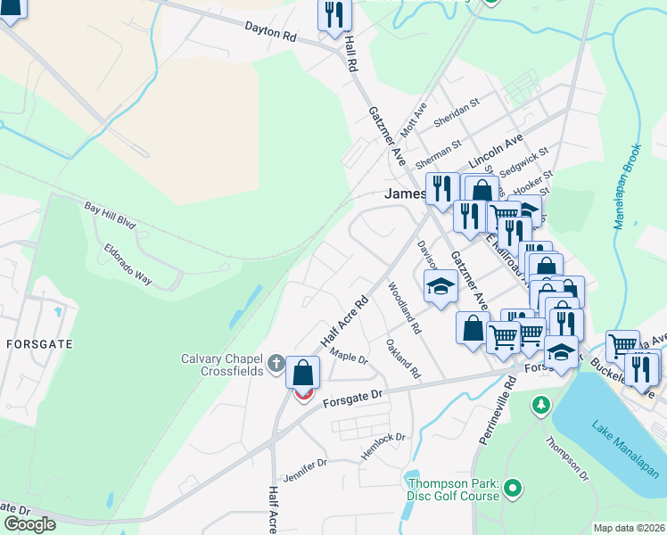 map of restaurants, bars, coffee shops, grocery stores, and more near 74 Sand Hill Road in Jamesburg