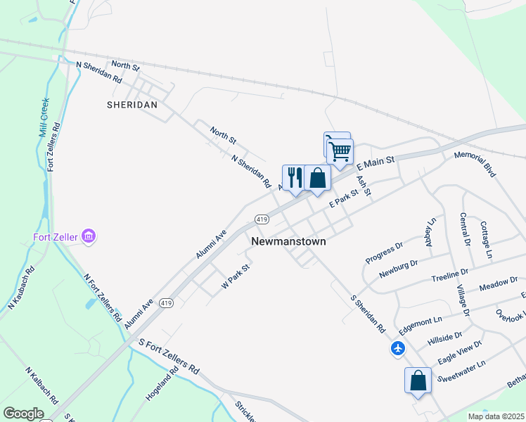 map of restaurants, bars, coffee shops, grocery stores, and more near 21 West Main Street in Newmanstown