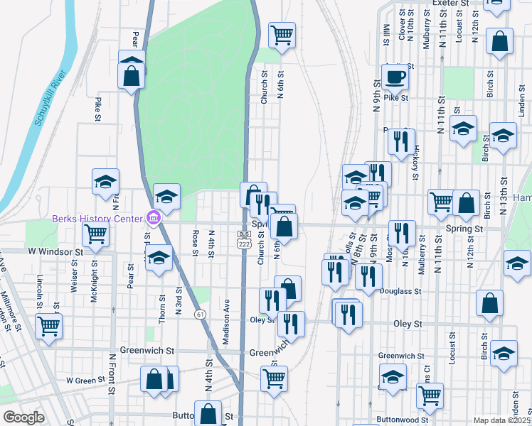 map of restaurants, bars, coffee shops, grocery stores, and more near 1017 Church Street in Reading