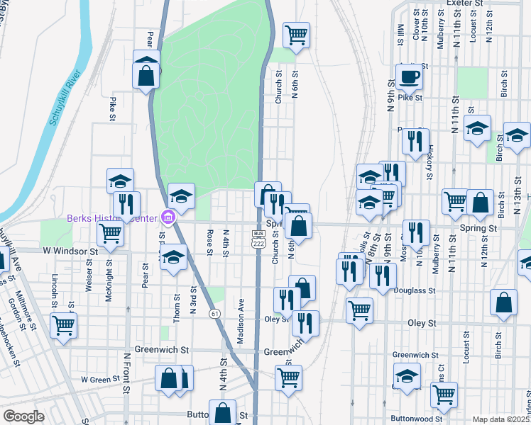 map of restaurants, bars, coffee shops, grocery stores, and more near 1015 North 5th Street in Reading