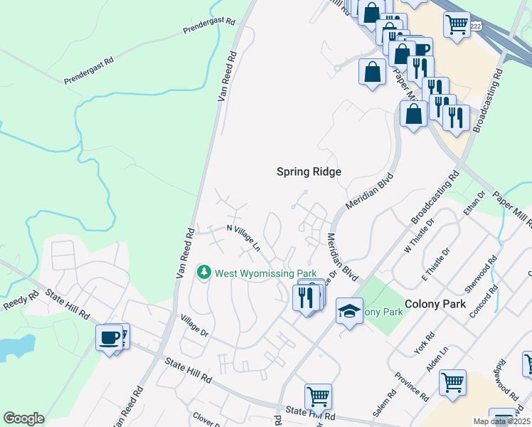 map of restaurants, bars, coffee shops, grocery stores, and more near 132 Hickory Lane in Wyomissing