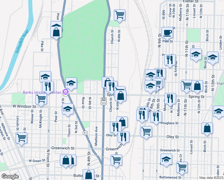 map of restaurants, bars, coffee shops, grocery stores, and more near 1017 Church Street in Reading
