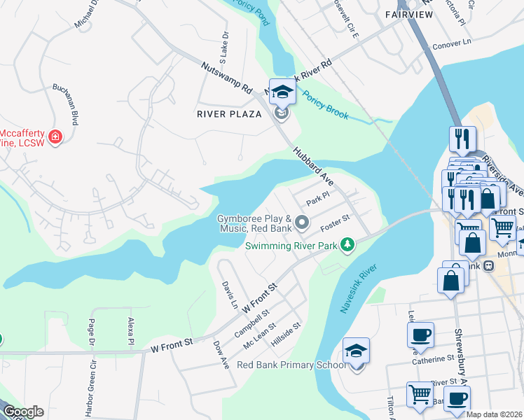 map of restaurants, bars, coffee shops, grocery stores, and more near 76 Manning Street in Red Bank