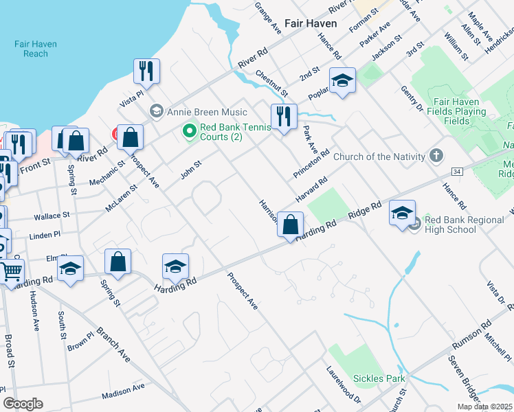map of restaurants, bars, coffee shops, grocery stores, and more near 132 Harrison Avenue in Fair Haven