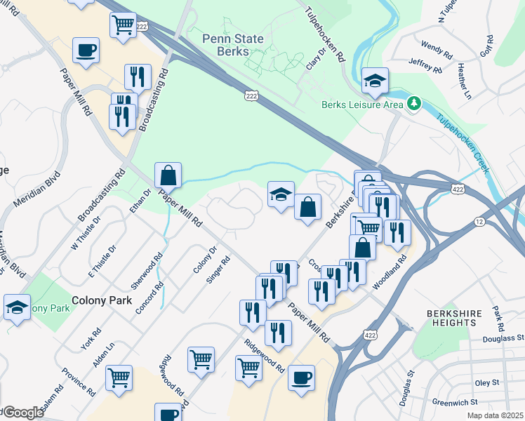 map of restaurants, bars, coffee shops, grocery stores, and more near 130 Primrose Lane in Reading